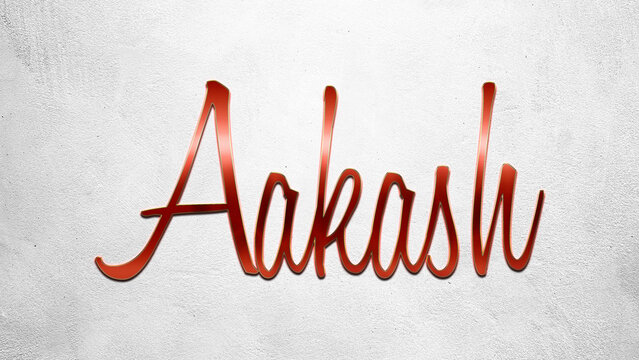 Red 3D text effect of Hindi name Aakash on silver background.