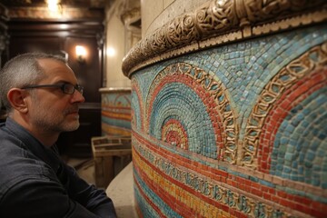 Poster - A man looking at a historical mosaic wall featuring intricate designs and colorful tiles, reflecting the beauty of ancient art and craftsmanship and cultural heritage.