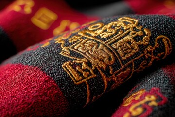 Poster - A luxurious close-up of a red and black fabric with intricate golden embroidery, showcasing the rich texture and detailed craftsmanship of the textile.