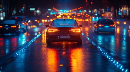 Aufkleber - Vehicles navigate a modern city street enhanced by smart road illumination amidst rain, showcasing the integration of connectivity and autonomous technology in transportation.