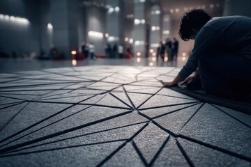 Poster - An artisan meticulously installing a geometric mosaic floor in a modern building, crafting an intricate design with precision and creativity, surrounded by a blurred background.