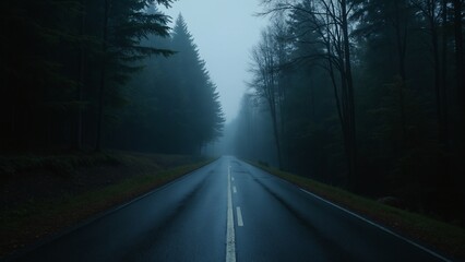 Poster - Serene and Mysterious Foggy Road Surrounded by Dark Green Forest in Twilight Atmosphere with Soft Light Reflections on Wet Pavement