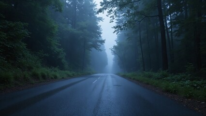 Poster - Serene and Mysterious Foggy Road Surrounded by Dark Green Forest in Twilight Atmosphere with Soft Light Reflections on Wet Pavement