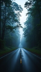 Poster - Serene and Mysterious Foggy Road Surrounded by Dark Green Forest in Twilight Atmosphere with Soft Light Reflections on Wet Pavement