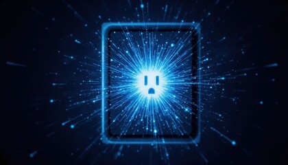 Poster - Holographic Electrical Outlet Glowing Blue Energy Burst with Shimme Particles Emitting from Rectangular Frame Representing Futuristic Concept