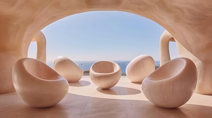 Poster - Sculptural Chairs Arranged Inside a Smooth Architecture Structure