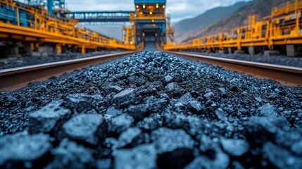 Fototapete - Coal piles line the railway tracks leading to a mining facility, emphasizing the connection between extraction activities and the energy generation process at a nearby powerplant.