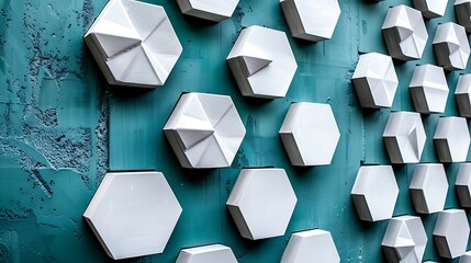 Leinwandbilder - White hexagonal geometric shapes attached to a painted teal wall