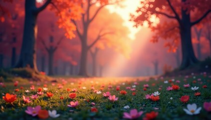 Wall Mural - Abstract blurred nature scene, vibrant colors, leaves, photo