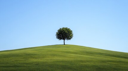 solitary tree on a green hill under a clear blue sky.