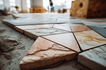 Poster - newly laid geometric tile pattern on floor in a home interior, showcasing earth-tone colors, and uni