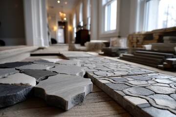 Poster - Close-up of gray stone tile laid out in hallway of home during a renovation project, with natural light from windows illuminating materials, and showing a blurred background.