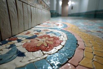 Poster - An exquisitely crafted mosaic floor featuring vibrant floral patterns and intricate designs, made of colorful tiles in a light-filled hallway, indoor space.