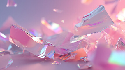Poster - Close up shot of iridescent shards and fragments in a soft pink and purple gradient background