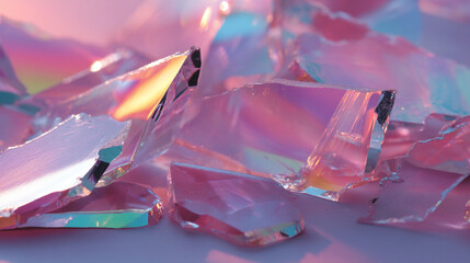 Poster - Abstract close up of shards of glass with iridescent reflections on a soft surface backdrop