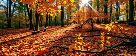 Sticker - Sun-dappled forest floor, vibrant autumn leaves, fallen branches, tranquil, natural