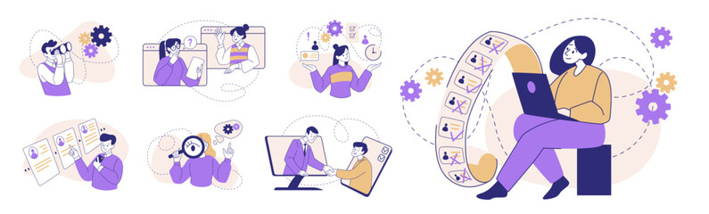 Poster - Job interview. People hire, resume check for employer search. Hr recruit list for online work, company career. Questions and answers for candidate. Vector flat digital isolated set