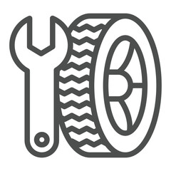 Aufkleber - Wrench and wheel tire line icon, tires fitting concept. Vector graphics. Car service sign on white background, outline style icon for mobile or web design.