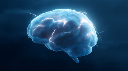Poster - A glowing blue brain with electrical sparks emanating from it against a dark blue background