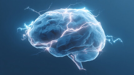 Poster - Illuminated brain with electrical discharges on a blue background in a digital rendering