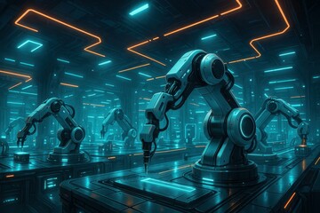 Poster - Futuristic Robotic Arms in a High-Tech Industrial Environment