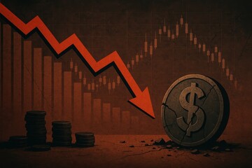 Poster - Economic Decline with Cracked Dollar Coin and Downward Chart Trend