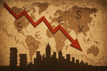 Poster - Economic Decline Representation with World Map and Downward Arrow