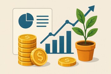 Poster - Growth and Investment Concept Featuring Coins, Graph, and Plant