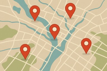 Poster - Map Markers on a City Layout with River and Green Spaces