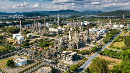 Poster - Overview of Smart Chemical Oil Refinery Plant Against Blue Sky Generative AI