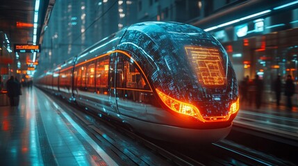 Leinwandbilder - A smarttrain equipped with cutting edge technology waits at a bustling urban station, demonstrating a blend of automation, AI, and advanced mobility solutions in action.