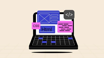 animation of a laptop and programming languages, representing website development
