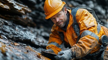 Poster - Worker in safety gear examines rocky terrain at a quarry, focusing on mineral resources. Rain soaked conditions highlight the challenges of the extraction operation.