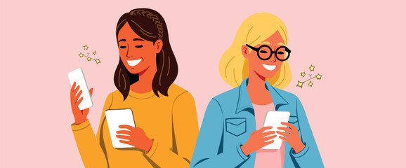 Poster - two smiling women using their smartphones conveying happiness and connection