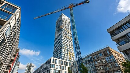 Poster - Construction Site Features Towering Skyscraper and Crane in Urban Area Generative AI