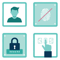 Poster - four teal colored security access control illustrating user profile rejected fingerprint password lock and a hand on access buttons
