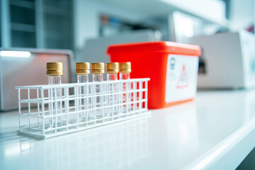 Poster - Laboratory test tubes with golden caps in rack on white surface with biohazard disposal container in bright light background. Ai generative.