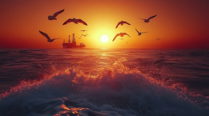 Poster - A bright sunset casts golden hues over an offshore drilling rig as seagulls soar above. Waves crash against the boat, adding to the vibrancy of the evening.