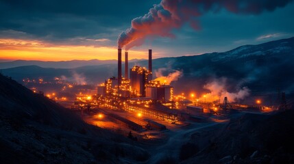 Aufkleber - A power generation facility is active at dusk, showcasing smokestacks with emissions, glowing structures, and a backdrop of rolling mountains.