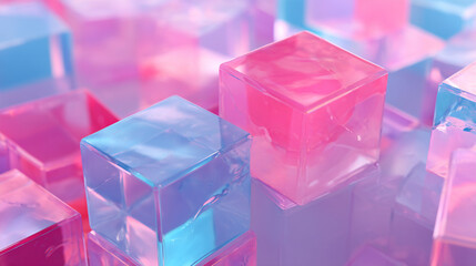 Poster - A close up view of translucent pink and blue cubes arranged in a scattered pattern background design