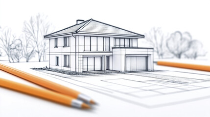 Poster - Minimalist architectural drawing of detached house with pencils