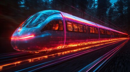 Leinwandbilder - A smart train glides along a railway, illuminated with vibrant colors, reflecting advanced technology in mobility and automation against a twilight backdrop.