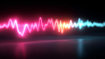 Poster - Glowing neon waveform in pink orange and blue against a dark background with reflection below