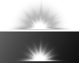 Wall Mural - Radiant light burst forms celestial flash of brilliance. White flare glows with shimmering halo on glassy space. Star spark explodes softly in high-impact shine effect. Magic dust twinkles