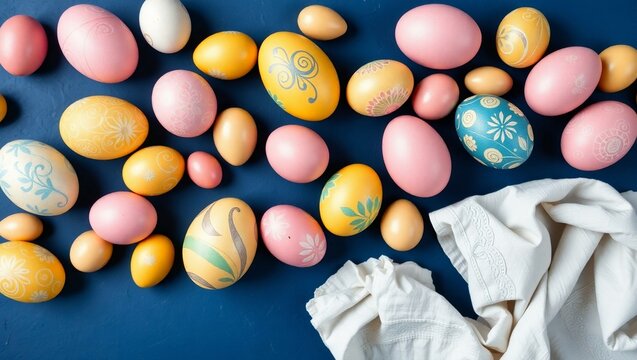 A vibrant Easter banner featuring a assortment of ornately painted eggs in pastel shades of pink, yellow, blue, and white, scattered across a dark blue background