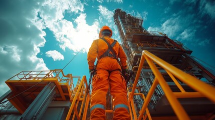 Poster - A construction worker in an orange safety suit stands on a platform, looking up at a tall offshore drilling rig against a bright blue sky with scattered clouds.