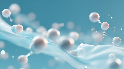 Poster - Abstract representation of molecules or spheres floating over a light blue wavy surface art design