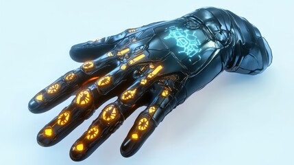 Poster - An advanced metallic robotic hand with illuminated intricate technology features