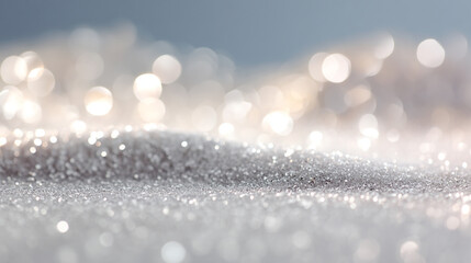 Poster - A close up shot of a pile of silver glitter with blurred bokeh lights in the background creating a soft look