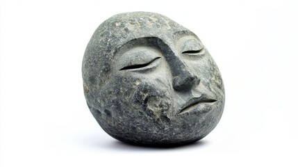 Poster - A stone carving of a peaceful human face is shown here